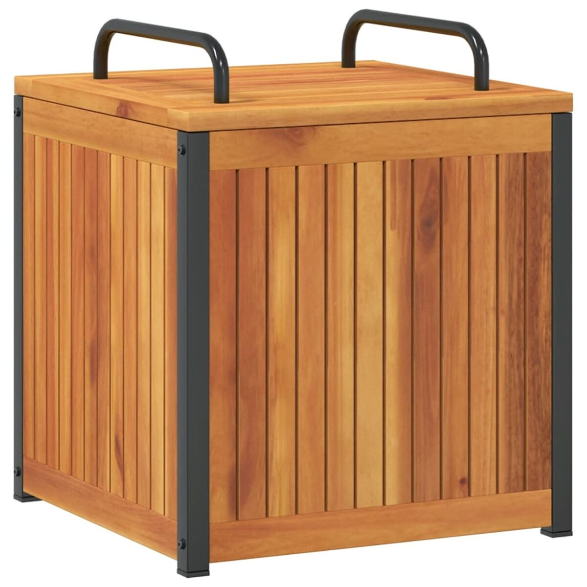 Holz-Aufbewahrungsbox für den Außenbereich mit schwarzen Metallgriffen und Rahmen.