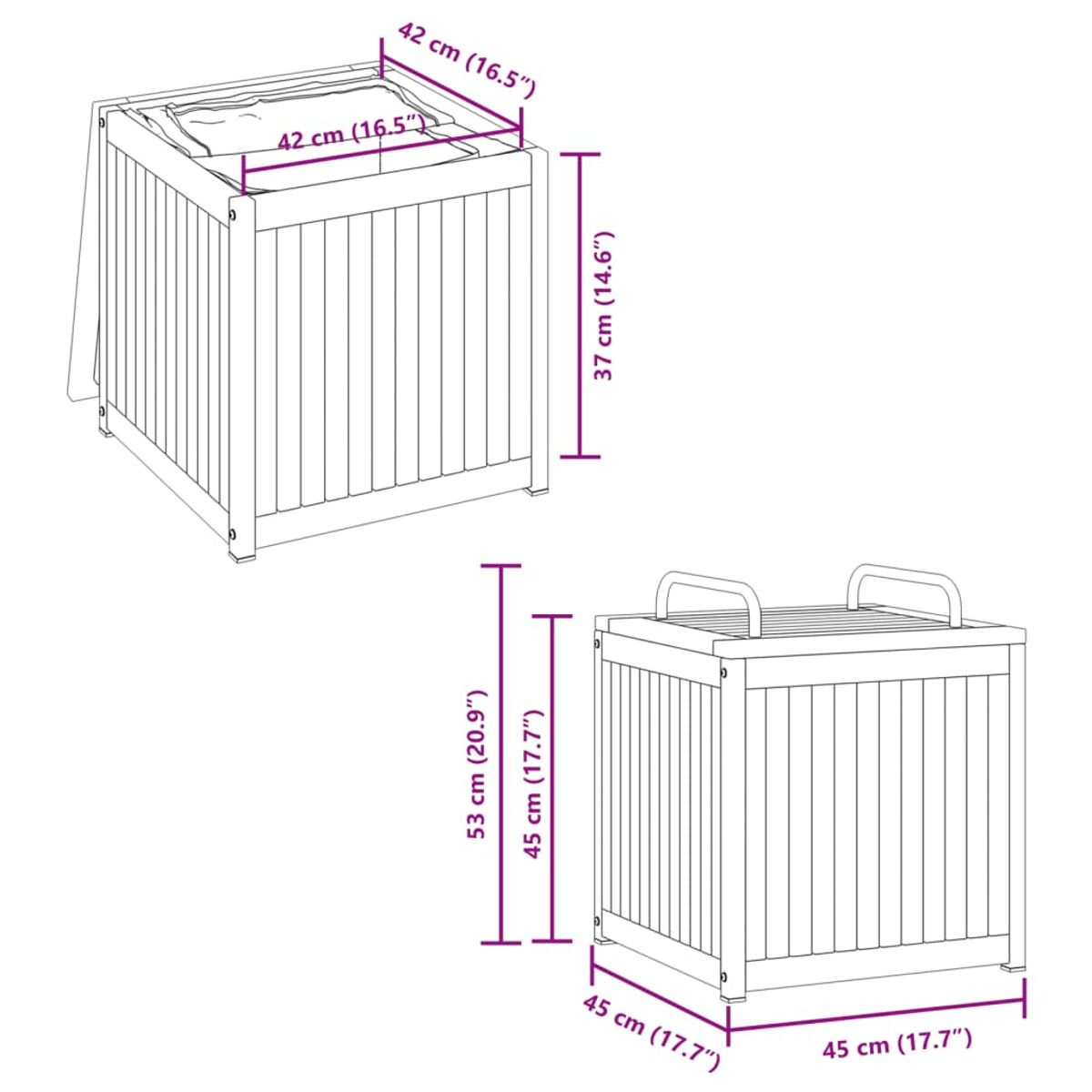 Diagramm von zwei Holzaufbewahrungsboxen mit Abmessungen in Zentimetern und Zoll, weißer Hintergrund.