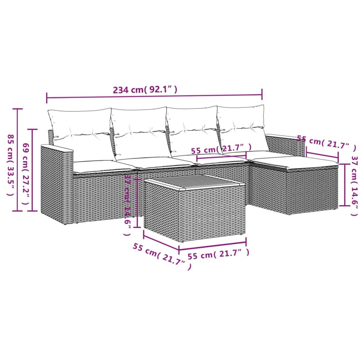 Diagramm eines Rattansofa-Sets. Abmessungen in cm und Zoll werden angezeigt. Weißer Hintergrund.