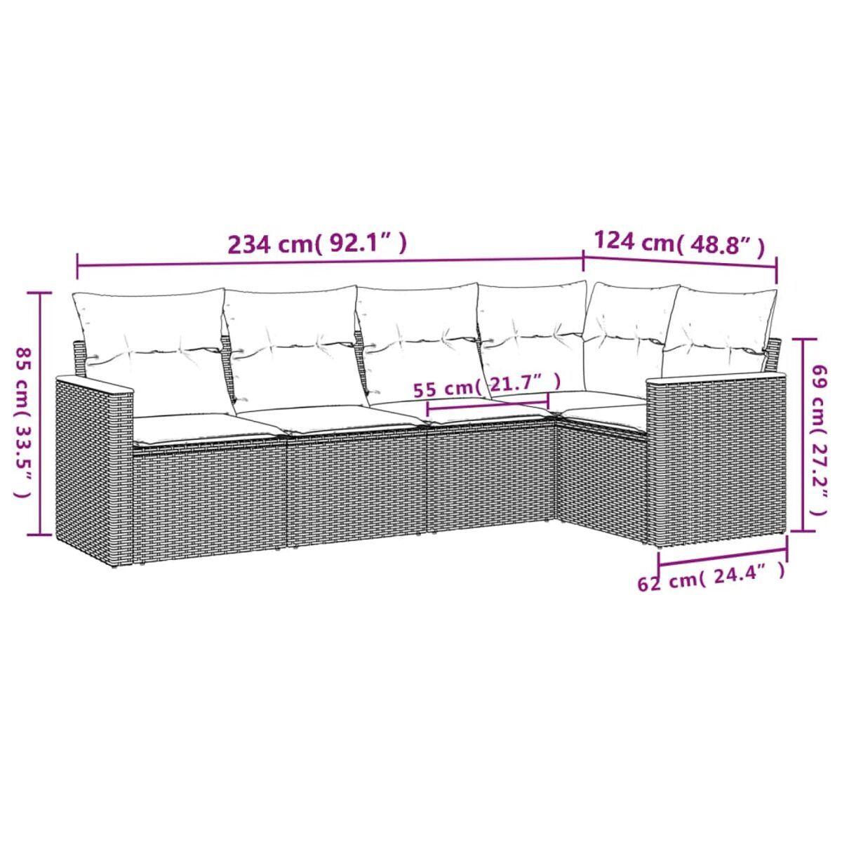 Diagramm eines Rattansofas, das Abmessungen in Zentimetern zeigt. Das Sofa hat Kissen auf seinen Sitzen.