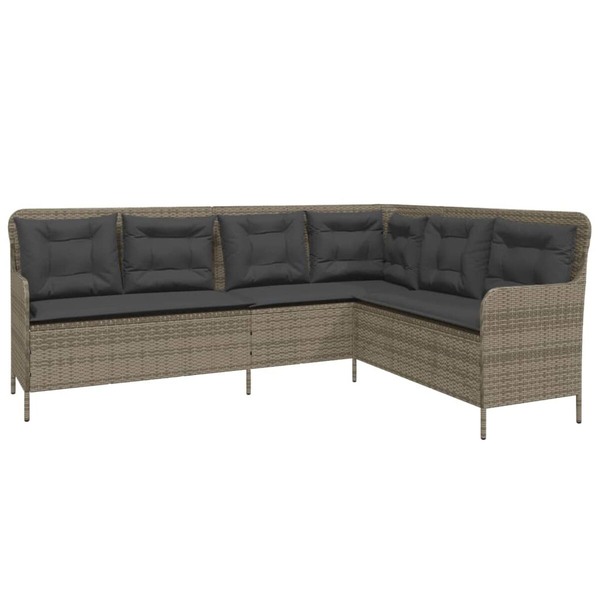 L-förmiges Rattan-Sofa mit grauen Kissen auf weißem Hintergrund.