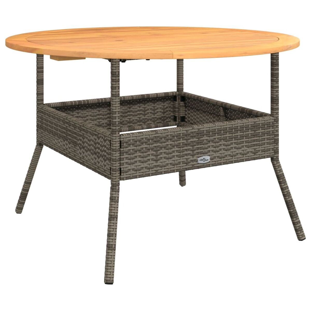 Ein runder Holztisch mit einem Korbgeflecht-Sockel und Metallbeinen. Er steht auf einer Ziegelterrasse.