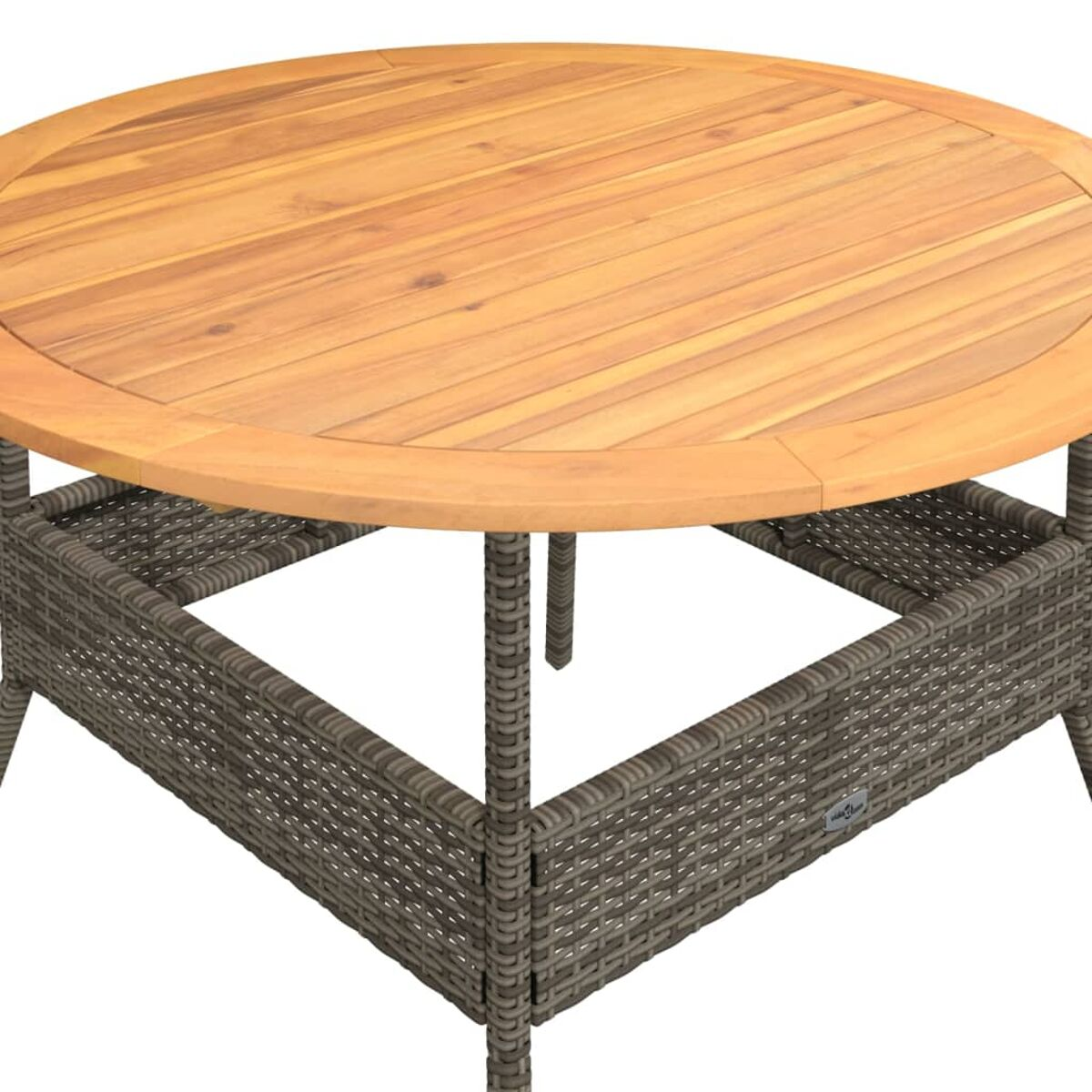 Runder Holztisch mit Rattan-Untergestell, isoliert auf Weiß. Draufsicht auf den Tisch.