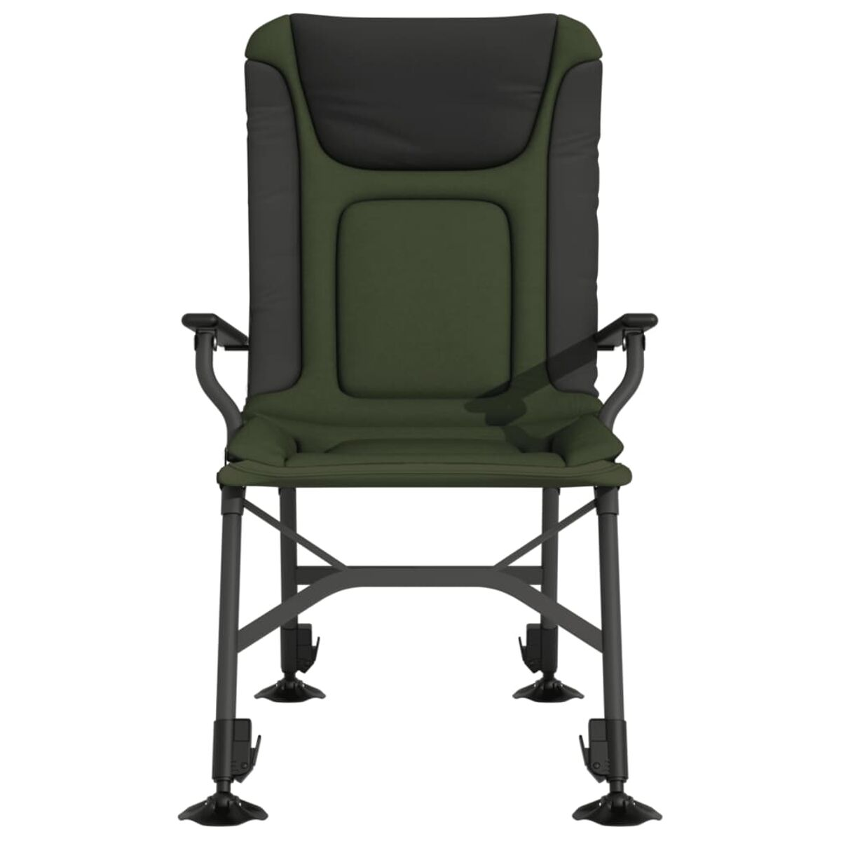 Grüner und schwarzer Outdoor-Stuhl mit Armlehnen. Schwarze Beine mit verstellbaren Füßen. Weißer Hintergrund.