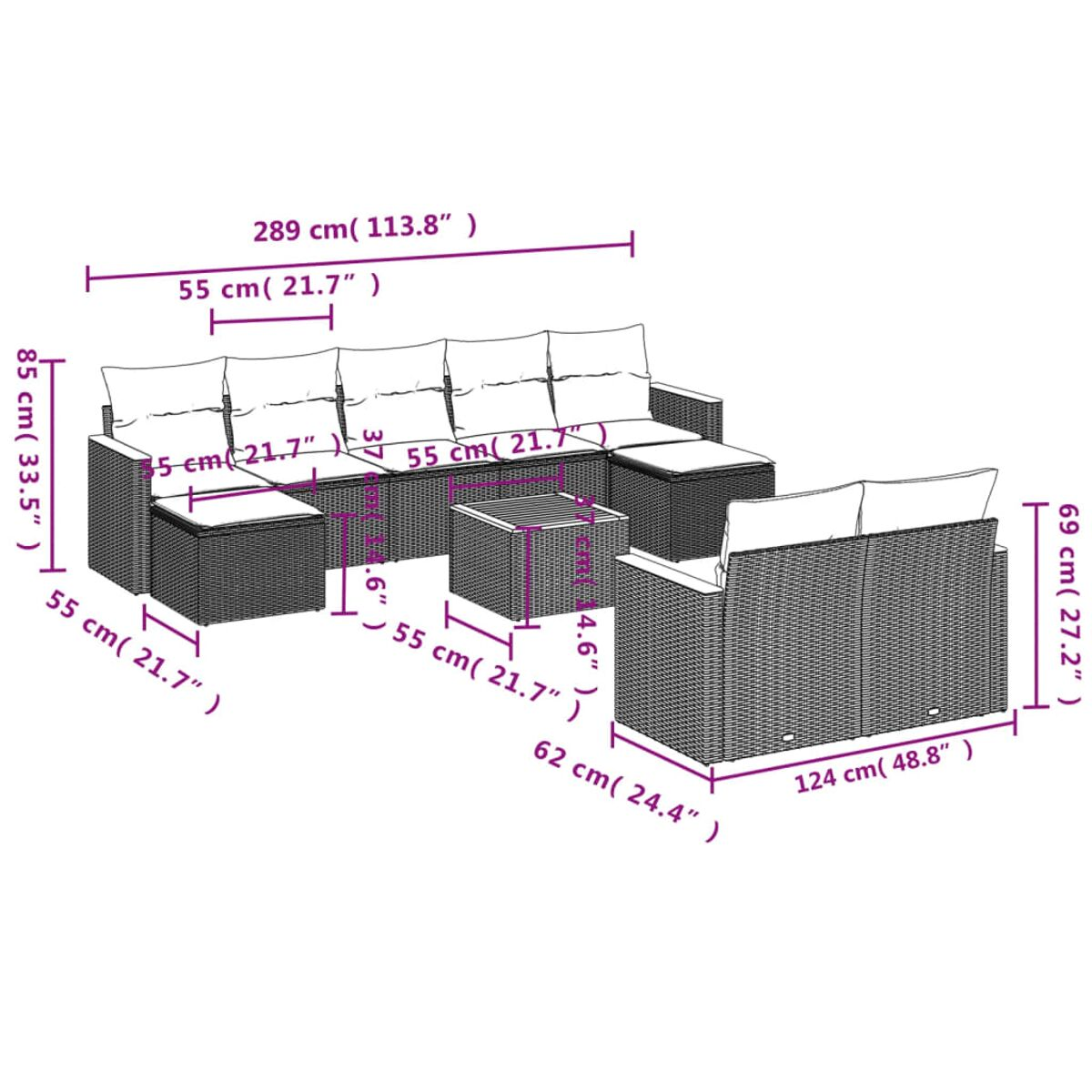 Wicker-Ecksofa-Set mit Maßen in Zentimetern, einschließlich Tisch und Stuhl.