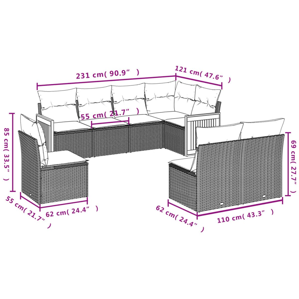 Ein Terrassenset mit Sofa, zwei Sesseln und einem Tisch. Der Tisch hat eine Glasplatte. Der Hintergrund ist eine Terrasse.
