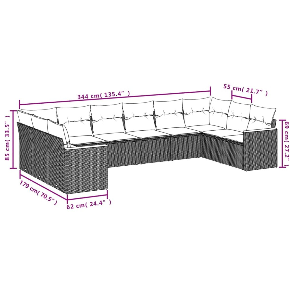 Diagramm eines Rattan-Ecksofas mit Maßen, weißer Hintergrund und Abmessungen.