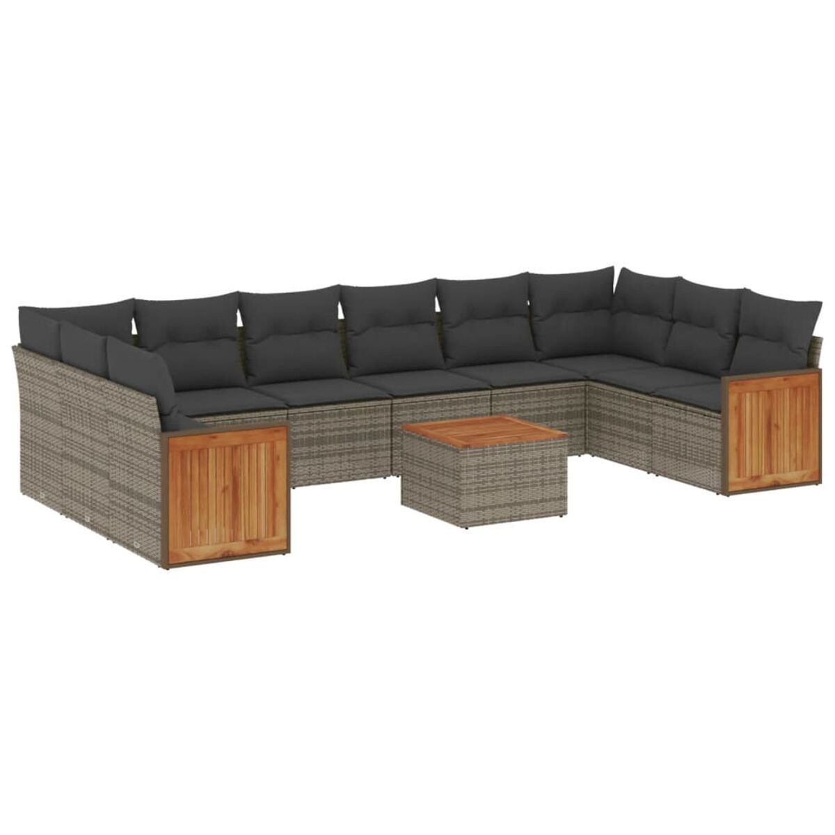 Outdoor-Ecksofa und Tisch-Set mit grauen Kissen.