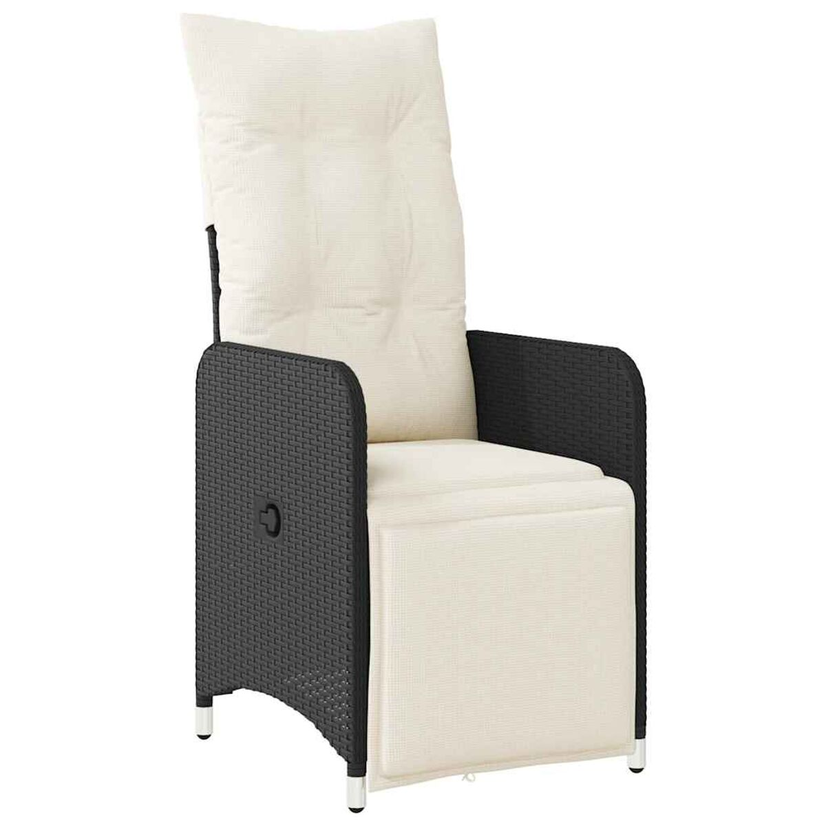 Una singola sedia in vimini nero con cuscino bianco, dimensioni visibili.
