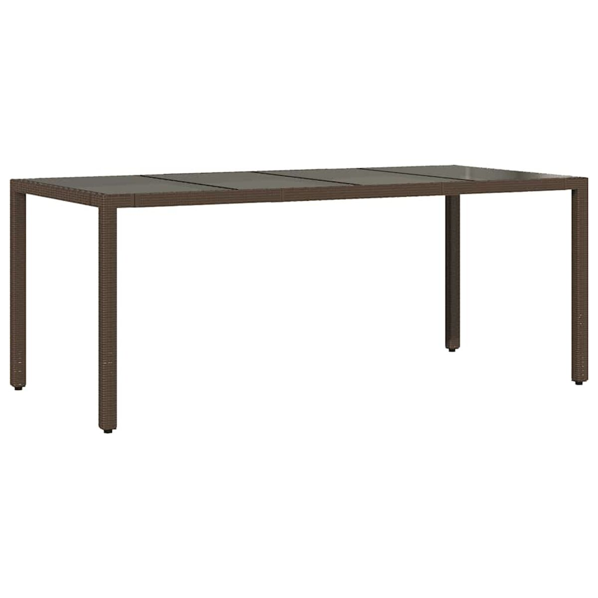 Tavolo rettangolare marrone con struttura in vimini. Quattro gambe e piano in vetro. Design semplice.
