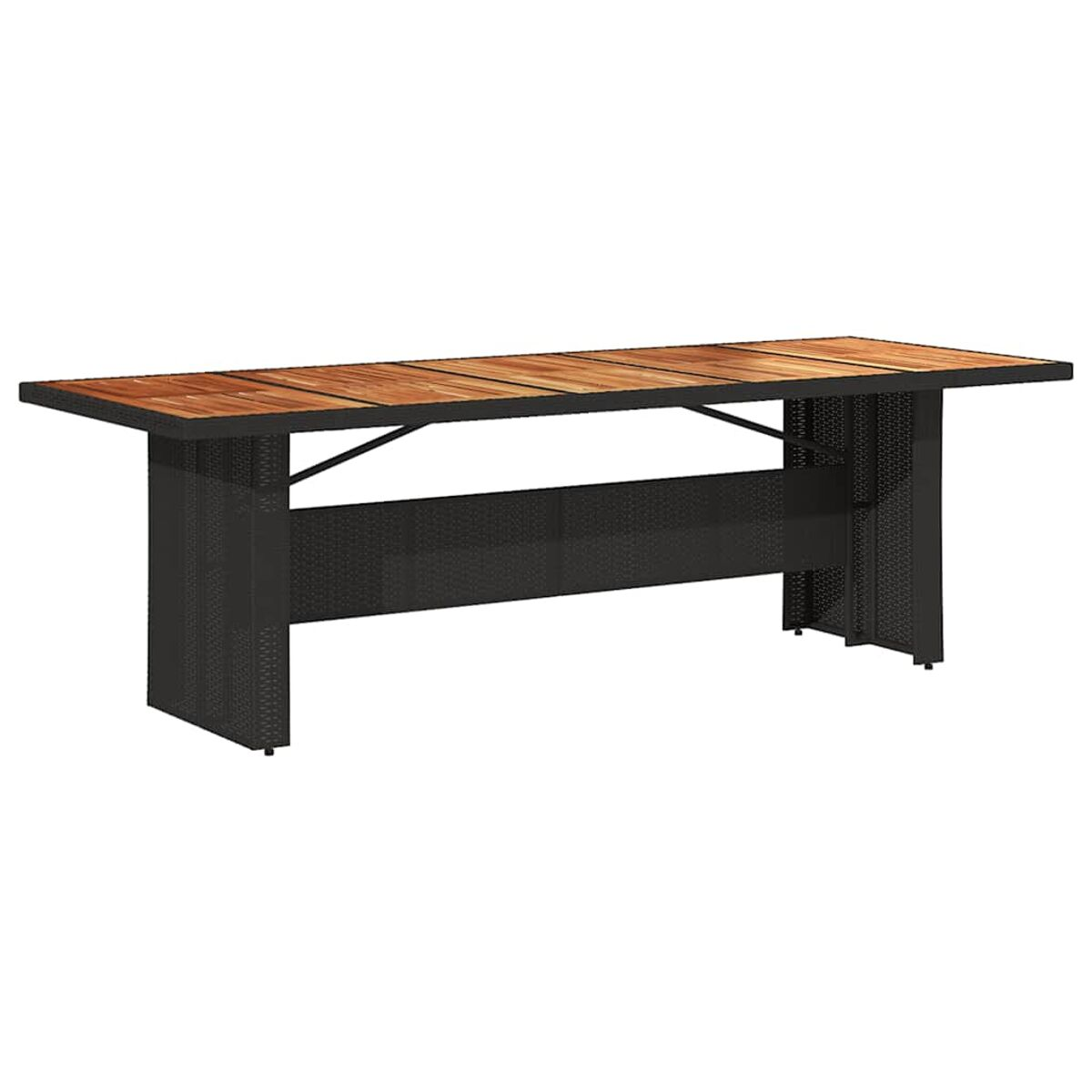 Un lungo tavolo rettangolare con telaio nero e piano in legno. È su sfondo bianco.