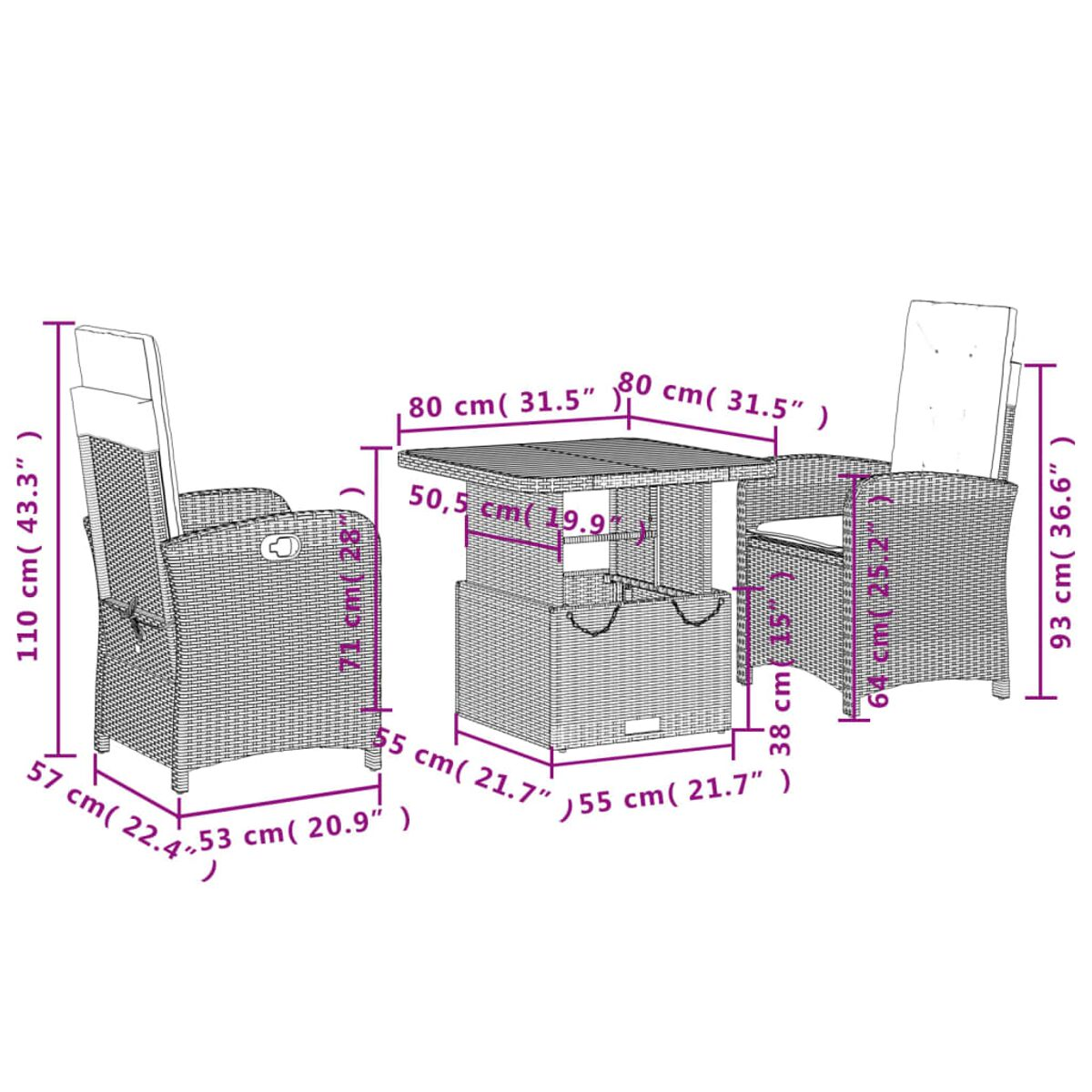 Diagramma di un set da pranzo esterno in vimini. Mostra sedie e tavolo con dimensioni in cm e pollici.