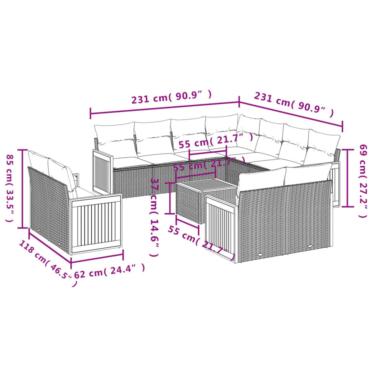 Graues Ecksofa-Set aus Korbgeflecht mit Kissen und Maßen.