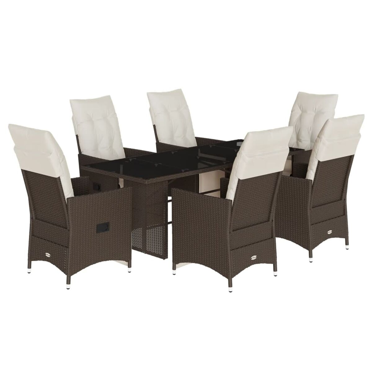 Set da pranzo in vimini marrone con tavolo in vetro e sei sedie con cuscini color crema.