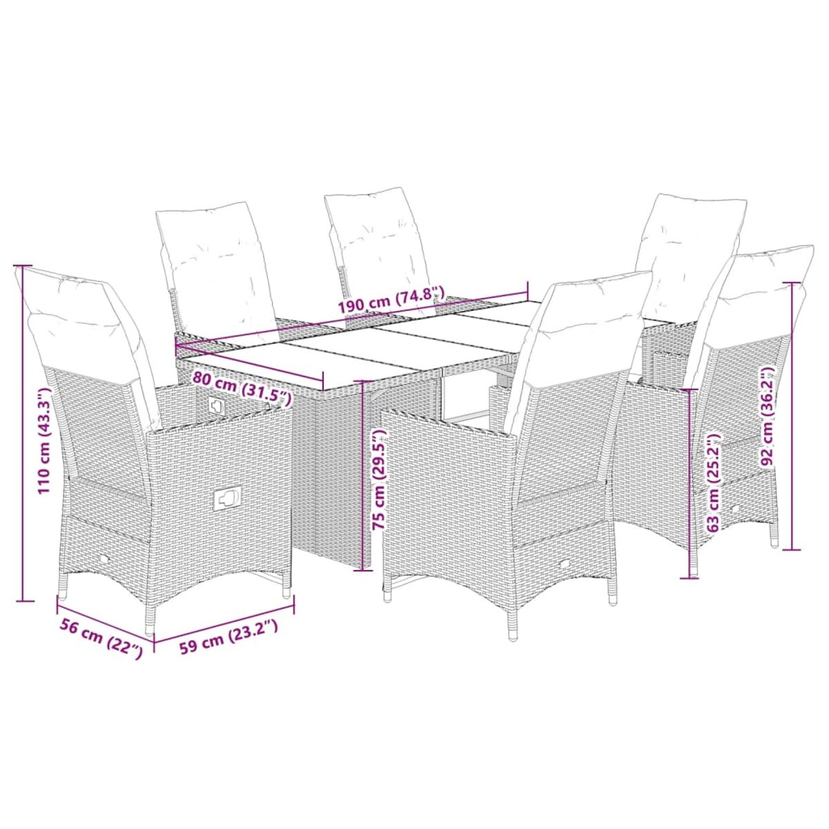 Schema di un set da pranzo in rattan con dimensioni. Include un tavolo e sei sedie. Le sedie hanno cuscini.