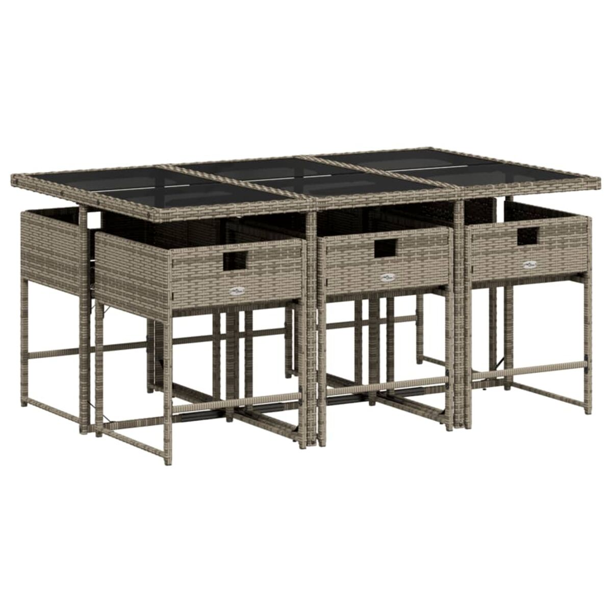 Garten-Esstisch-Set mit drei Schubladen, schwarzer Glasplatte und grauem Korbgeflecht.