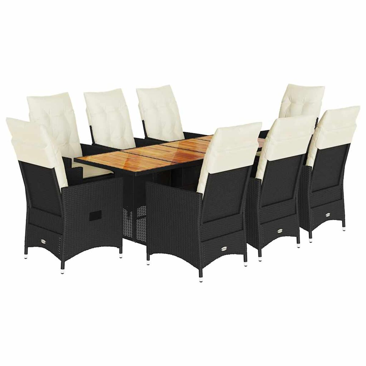 Set da pranzo in vimini nero con otto sedie e tavolo effetto legno.