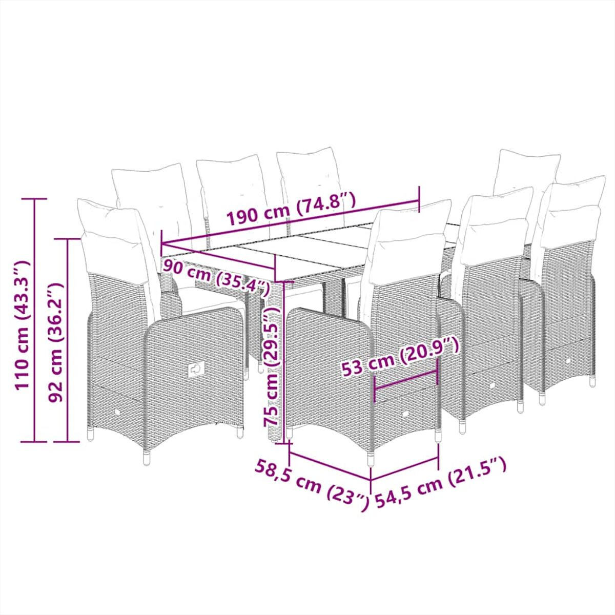 Set da pranzo in rattan da esterno con cuscini. Include un tavolo e dieci sedie. Dimensioni in cm.