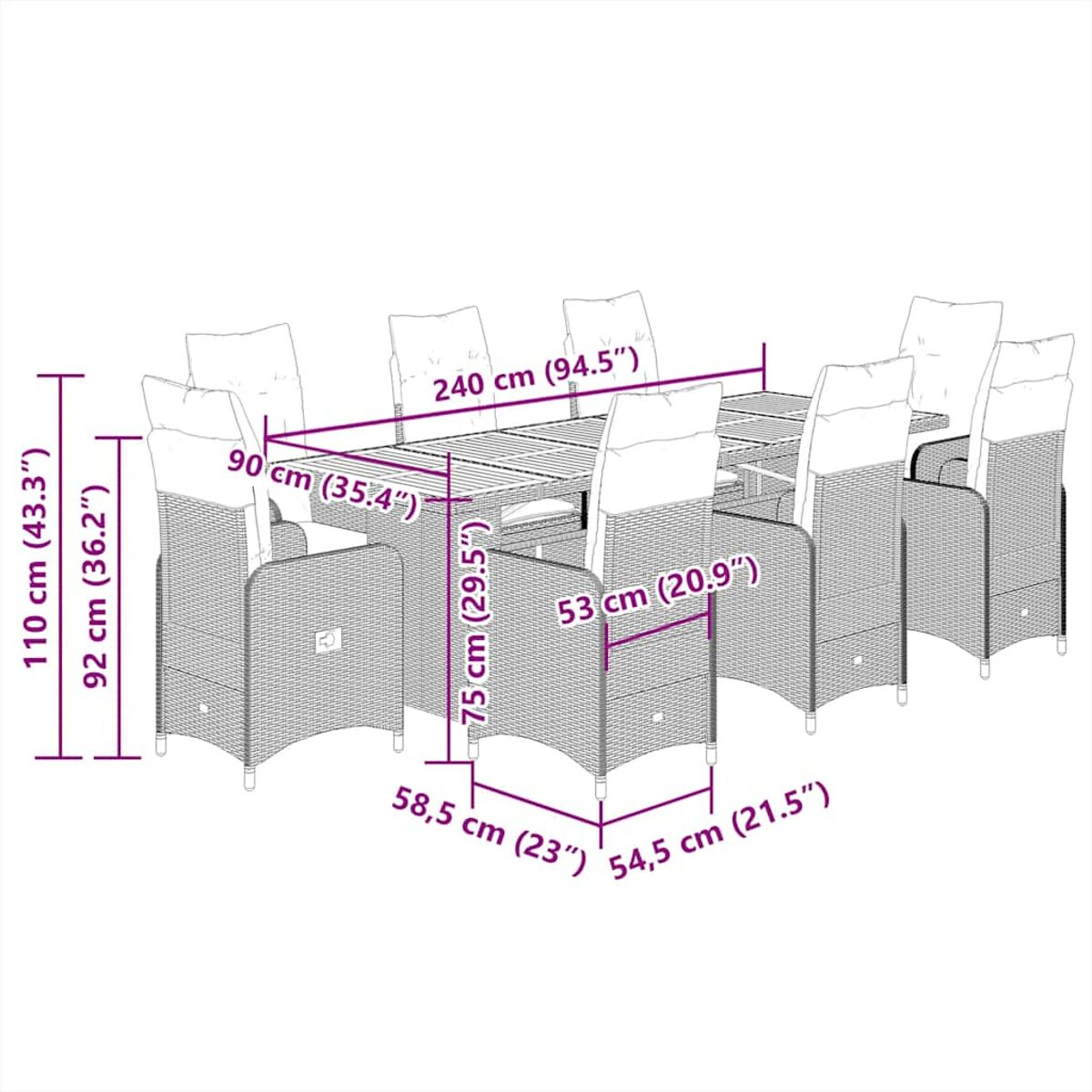 Diagramm eines Esszimmersets aus Korbgeflecht mit Tisch und Stühlen, Abmessungen in cm und Zoll.