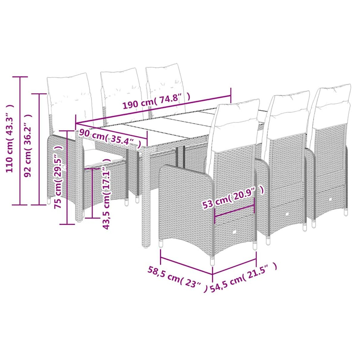 Set da pranzo da esterno con dimensioni. Include tavolo e sedie. Cuscini bianchi.