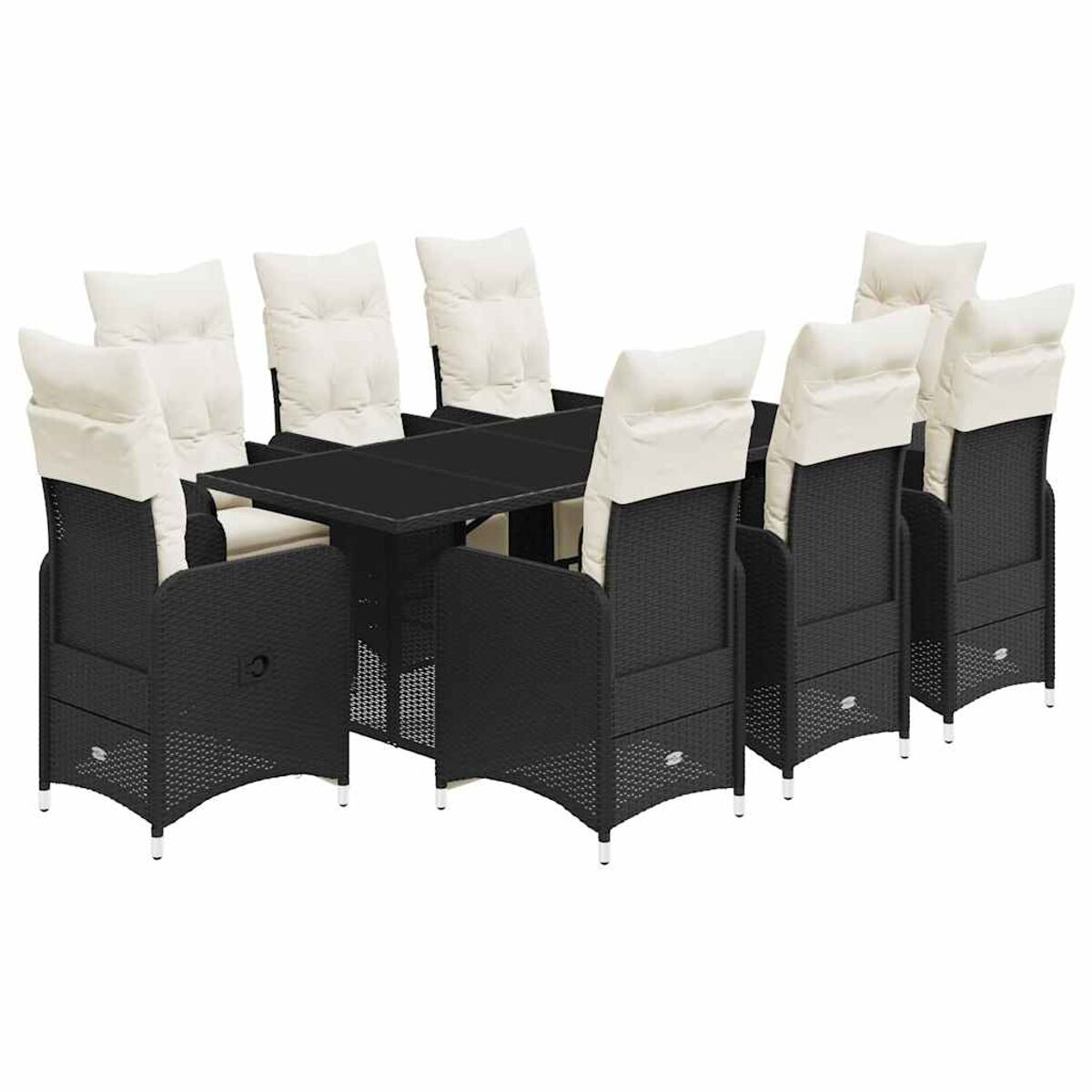 Set da pranzo per esterni con tavolo e sei sedie. Cornici nere con cuscini bianchi.