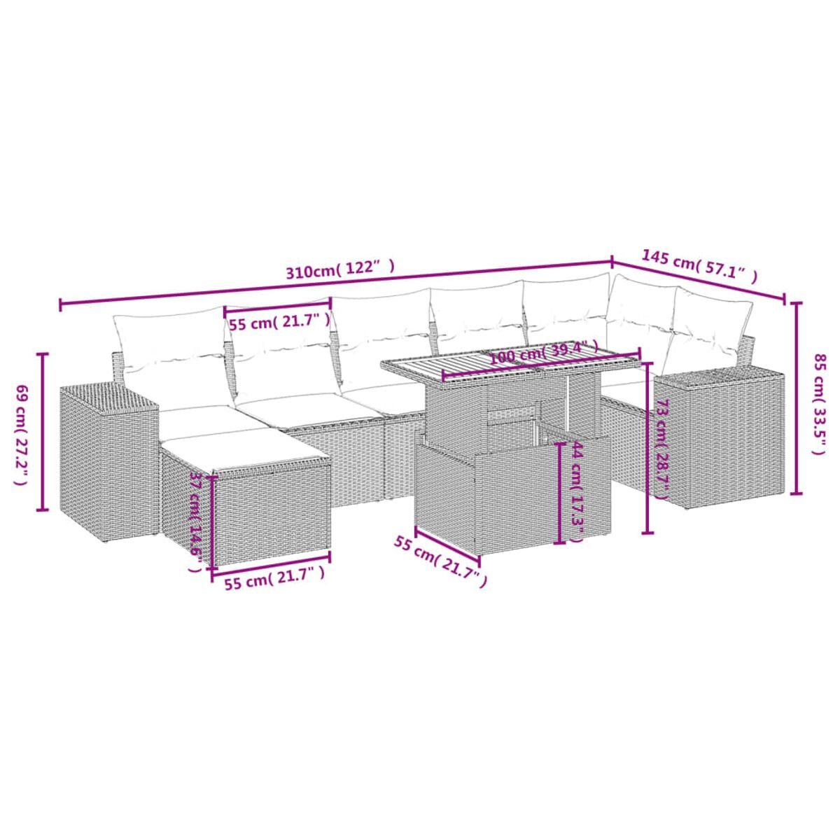 Großes Outdoor-Sofa mit Maßen. Inklusive Tisch. Weidenrahmen und weiße Kissen.