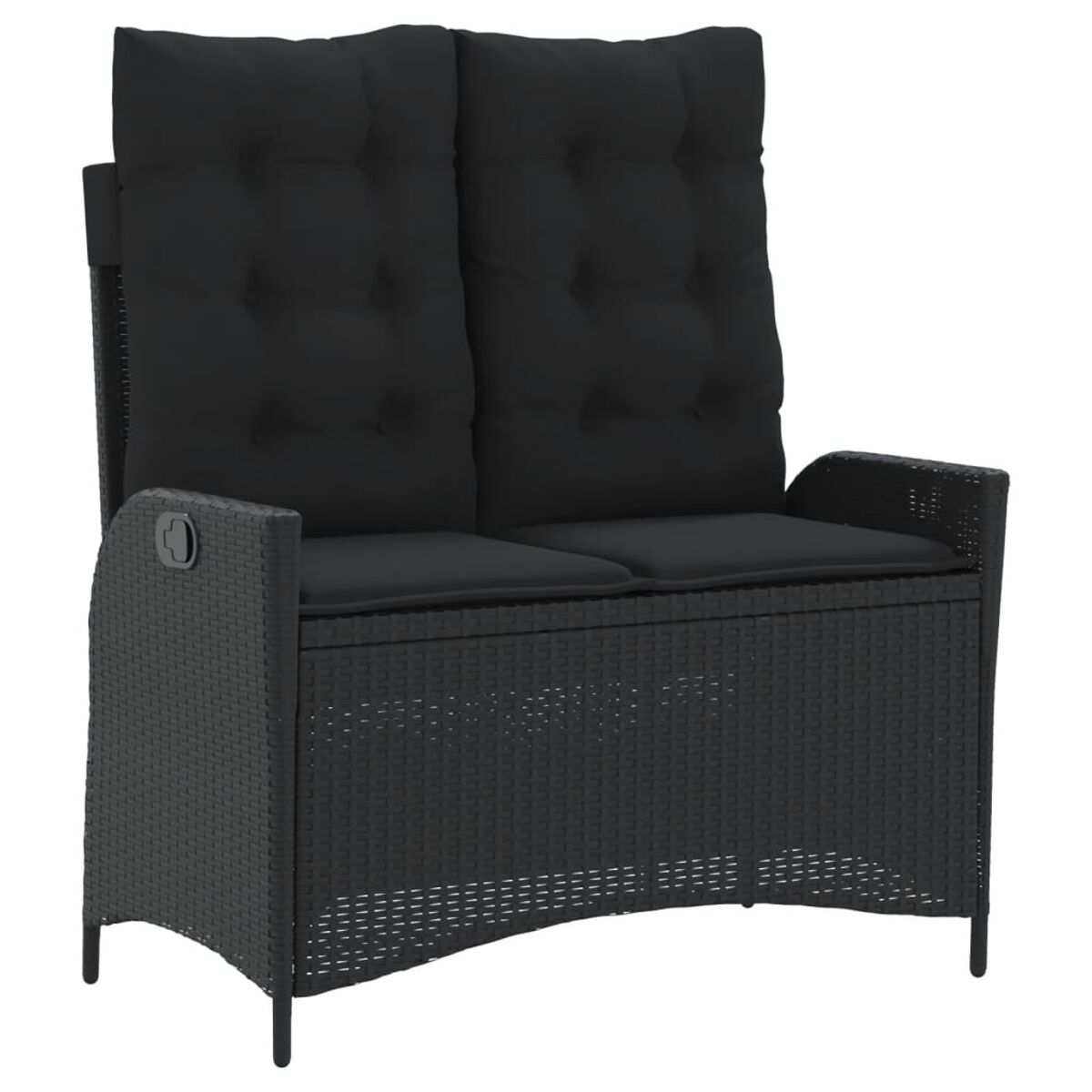 Schwarzes Korbsessel-Zweisitzer-Sofa mit schwarzen Kissen, weißer Hintergrund.