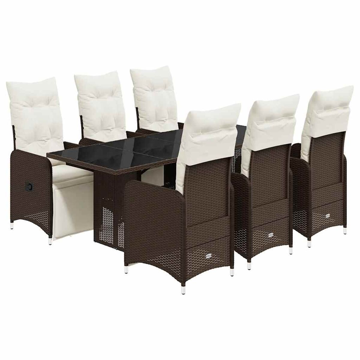 Set da pranzo in vimini marrone con cuscini color crema. Include tavolo e sei sedie.