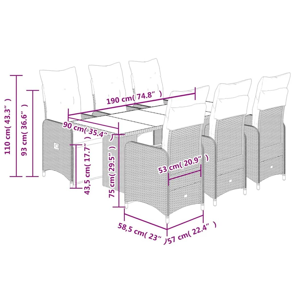 Un set da pranzo con tavolo e sedie, che mostra le dimensioni, per uso esterno.
