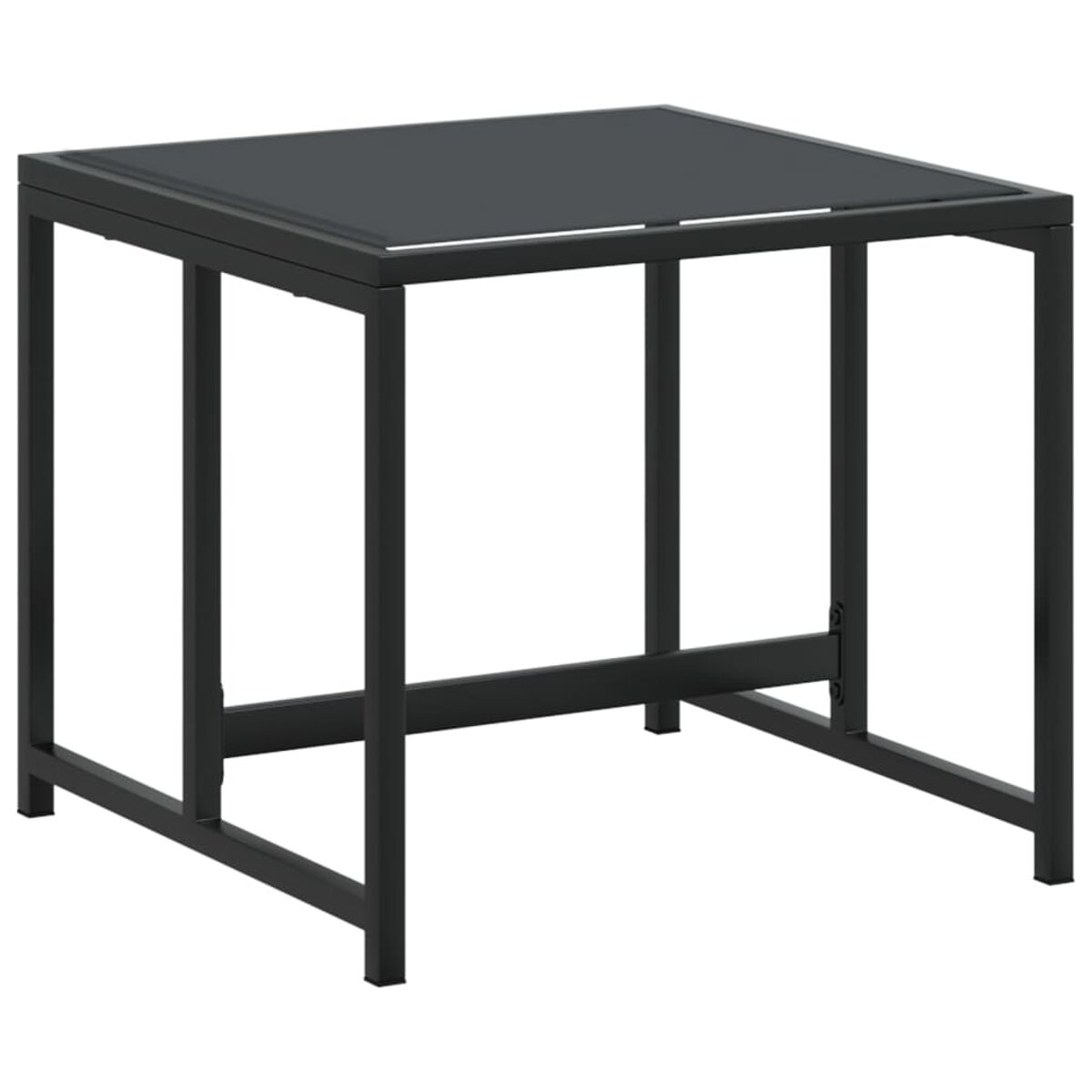 Quadratischer Beistelltisch aus schwarzem Metall. Schwarze Platte und Rahmen.
