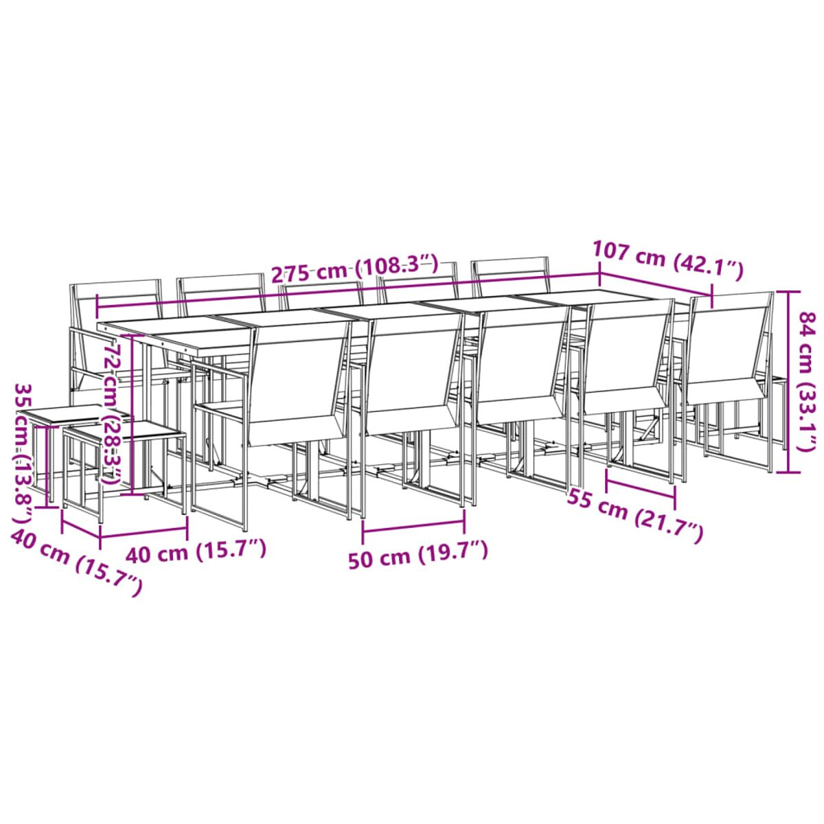 Diagramm eines Esssets mit Stühlen und Tisch, Abmessungen in cm und Zoll.
