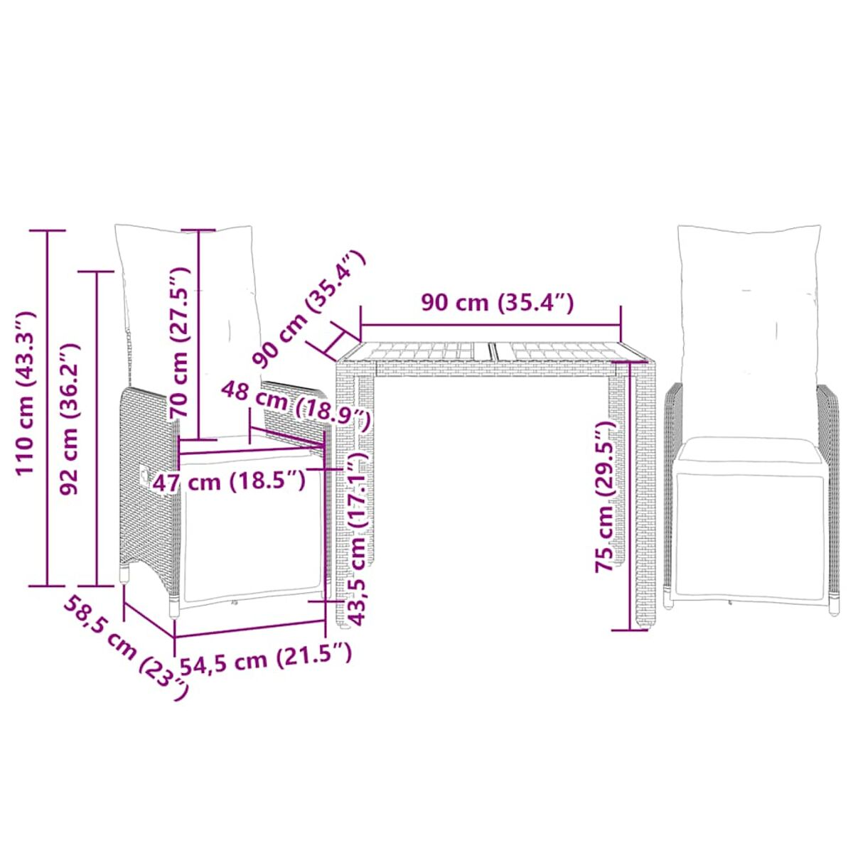 Un tavolo e due sedie con dimensioni. Il set è in rattan e si trova su un patio.