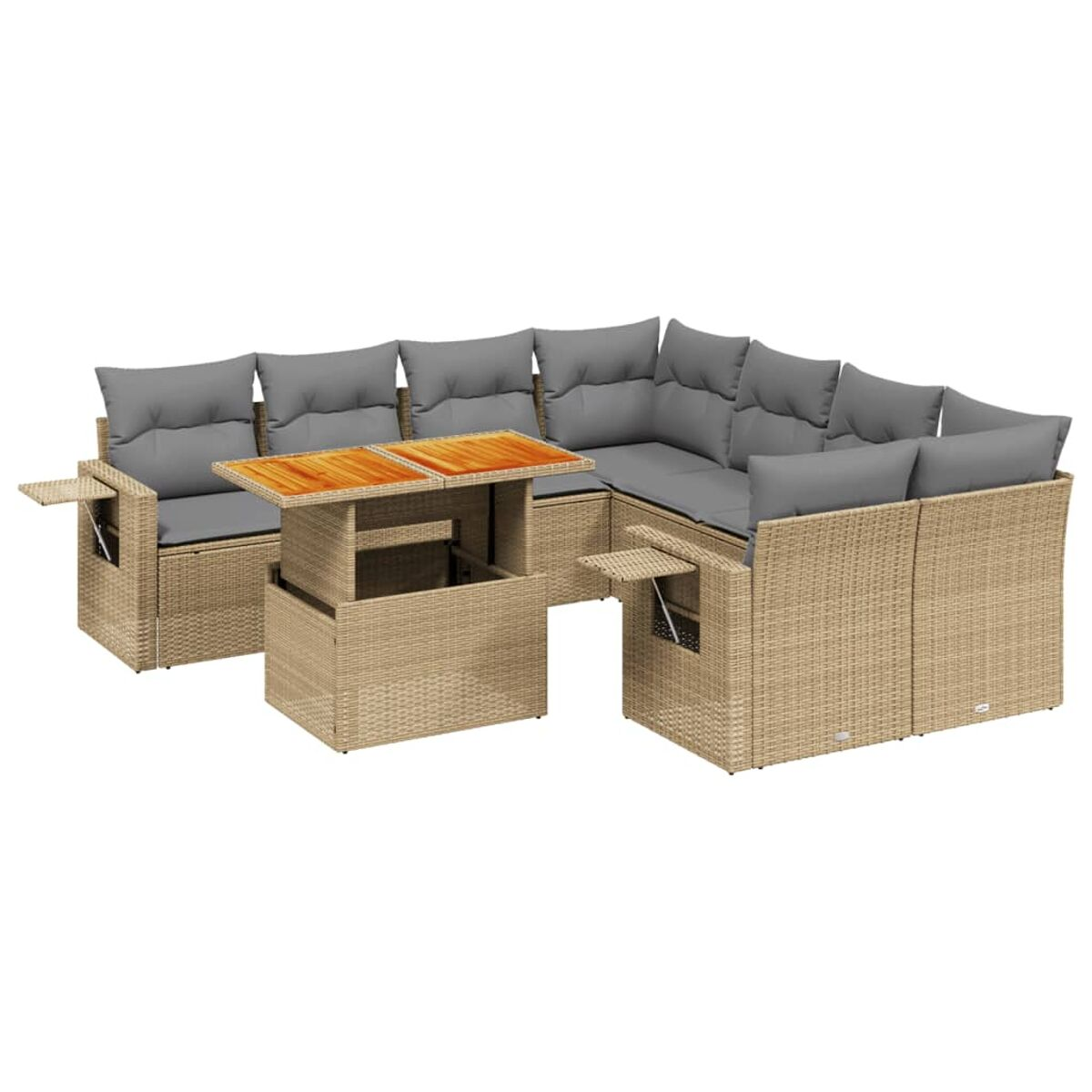 Divano angolare in vimini beige con cuscini grigi e tavolo elevabile.