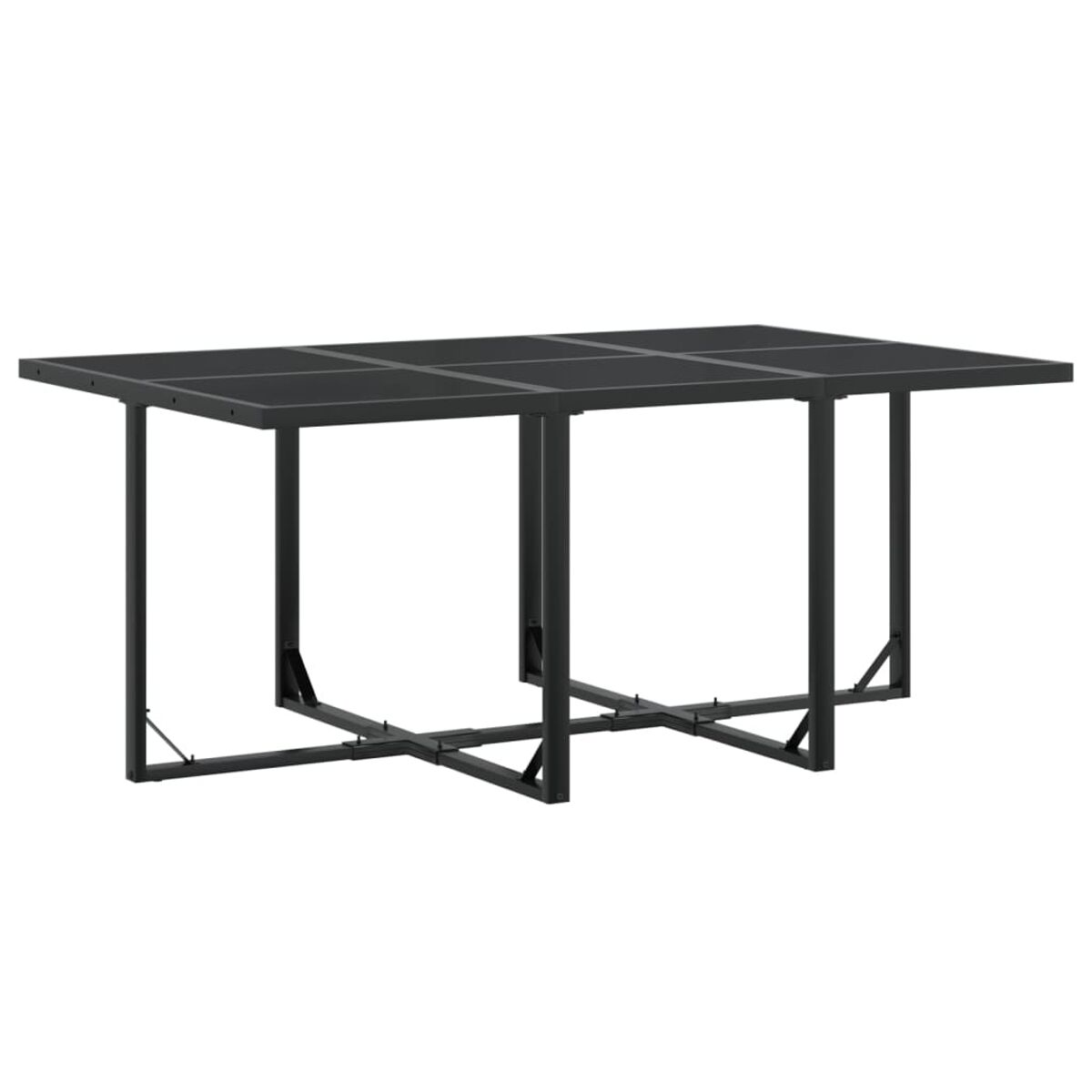 Tavolo con struttura in metallo nero e piano in vetro scuro.