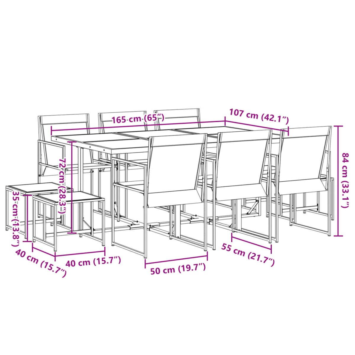 Diagramma di un set da pranzo con misure del tavolo e delle sedie.