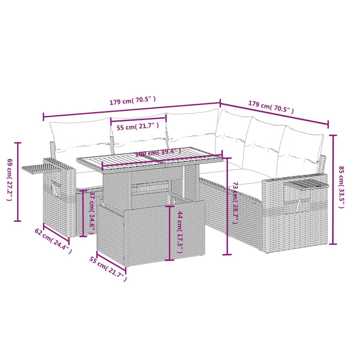 Outdoor-Ecksofa aus Rattan mit Tisch, schwarzen Kissen und Maßen in Zoll.