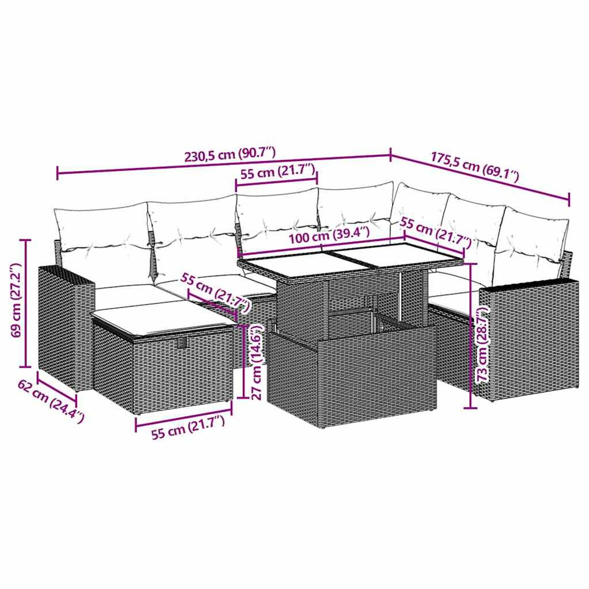 Geflochtenes Outdoor-Sofaset mit Maßen in cm. Inklusive Tisch und Maßen in cm.