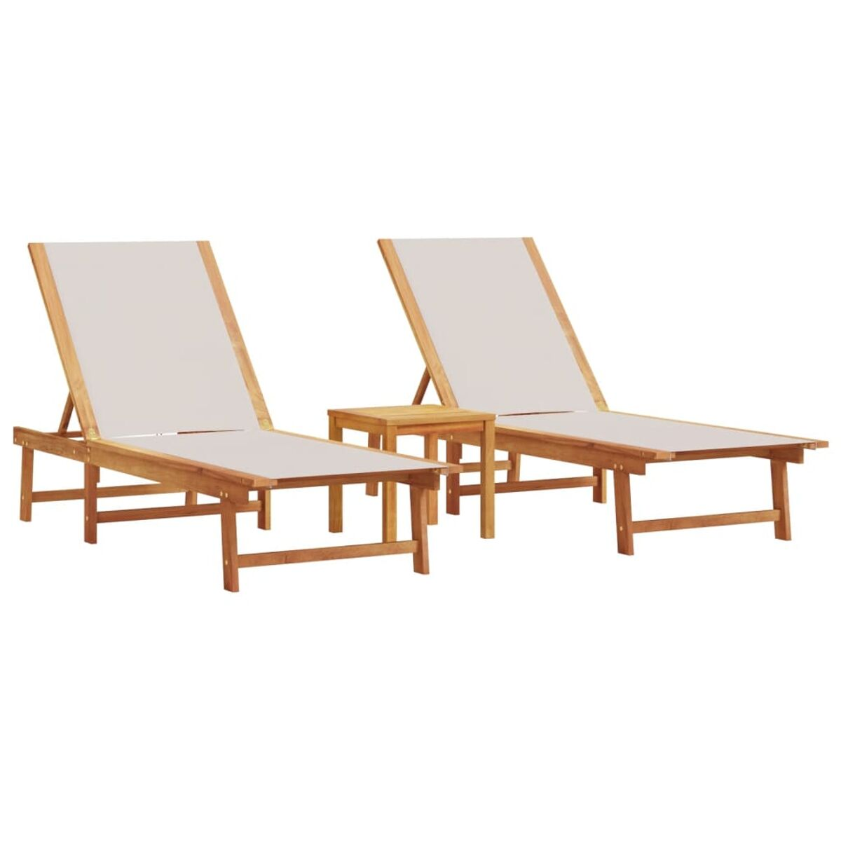 Due lettini in legno e bianchi con un tavolino in mezzo.
