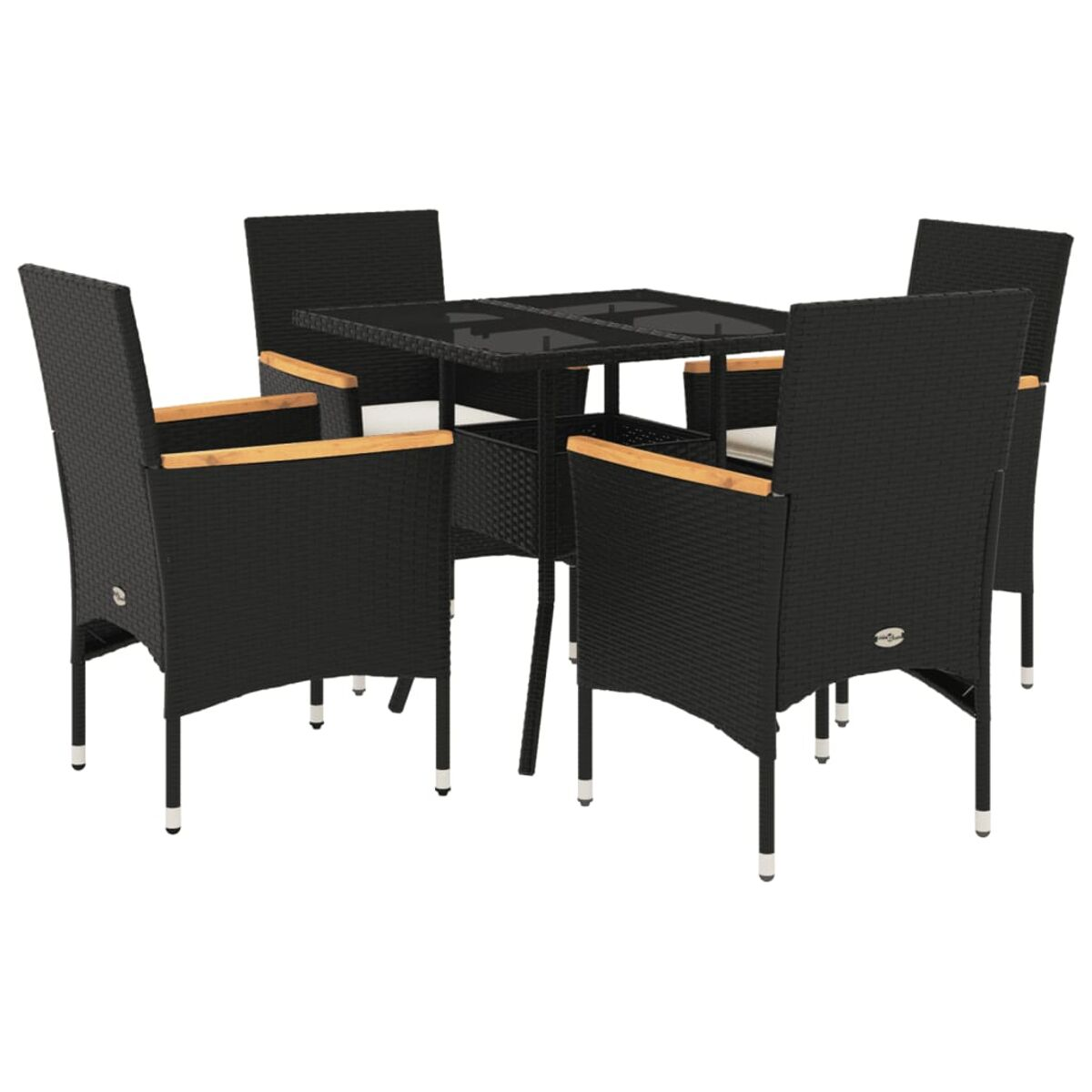 Schwarzes Rattan-Ess-Set mit 4 Stühlen und einem Glastisch vor weißem Hintergrund.