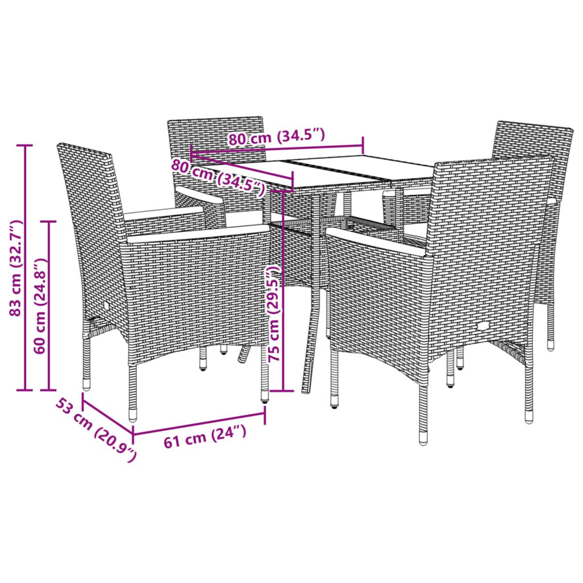 Terrassenset aus Korb: Tisch und vier Stühle. Abmessungen beschriftet. Stühle und Tisch haben eine helle Farbe.