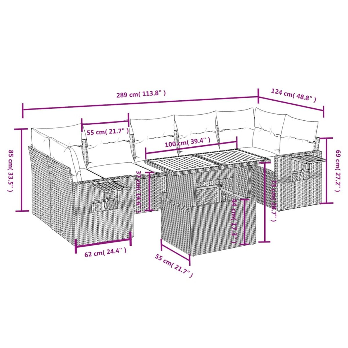 Un set divano da esterno con dimensioni. Il set ha un tavolo ed è realizzato in rattan nero.