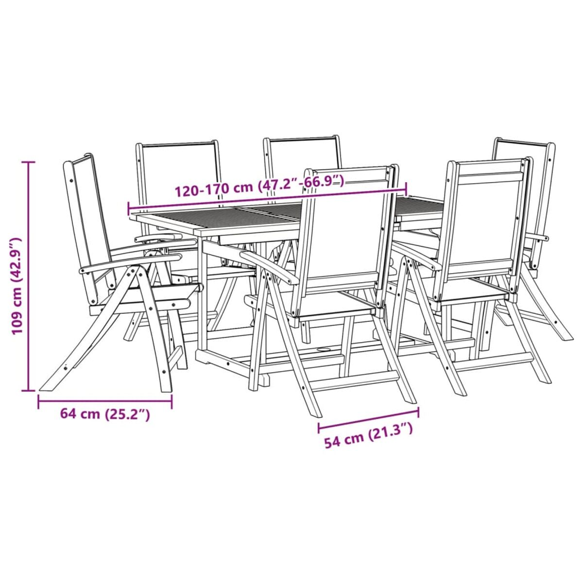 Set da pranzo da esterno con tavolo e sedie. Etichettato con dimensioni. Sfondo bianco.