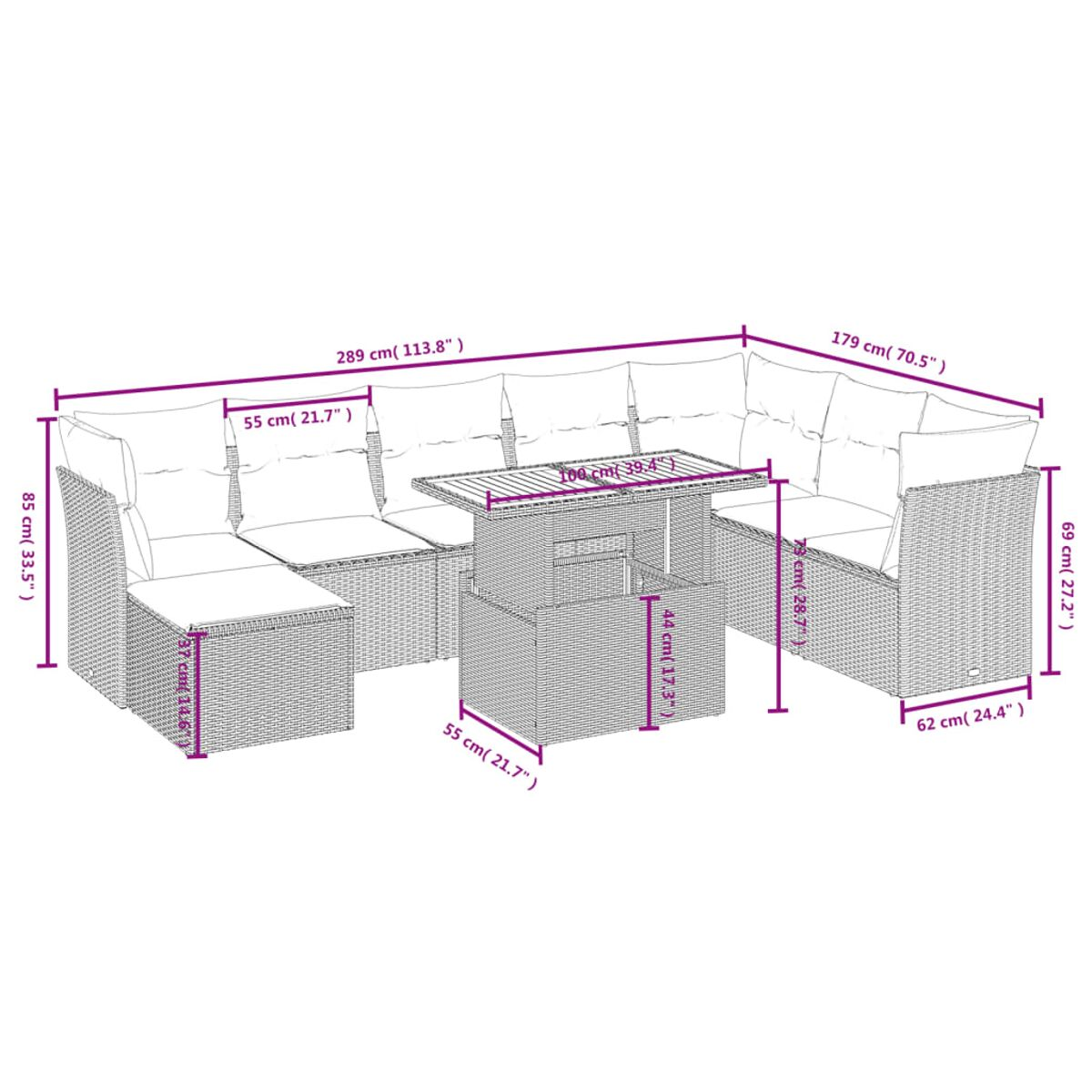 Divano componibile da esterno con dimensioni visualizzate. Vimini nero, cuscini bianchi e tavolo.
