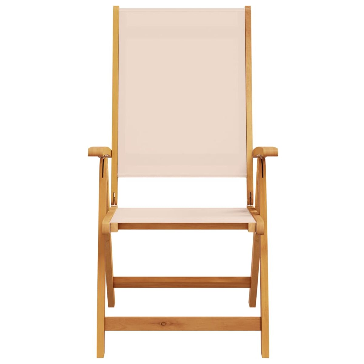 Sedia da esterno in legno con tessuto bianco. Ha braccioli e schienale alto.