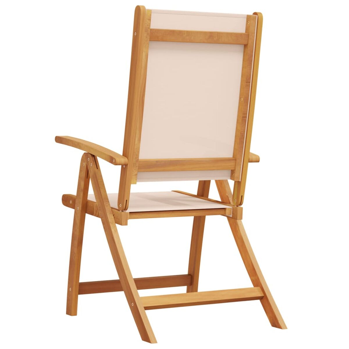 Una sedia pieghevole in legno con seduta e schienale bianchi.