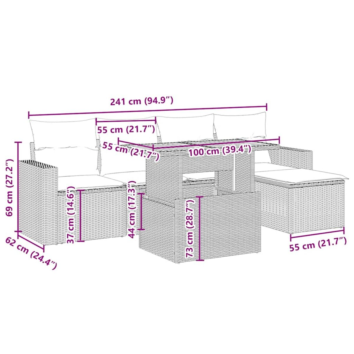 Set divani da esterno in vimini con etichette delle dimensioni. Sfondo bianco.