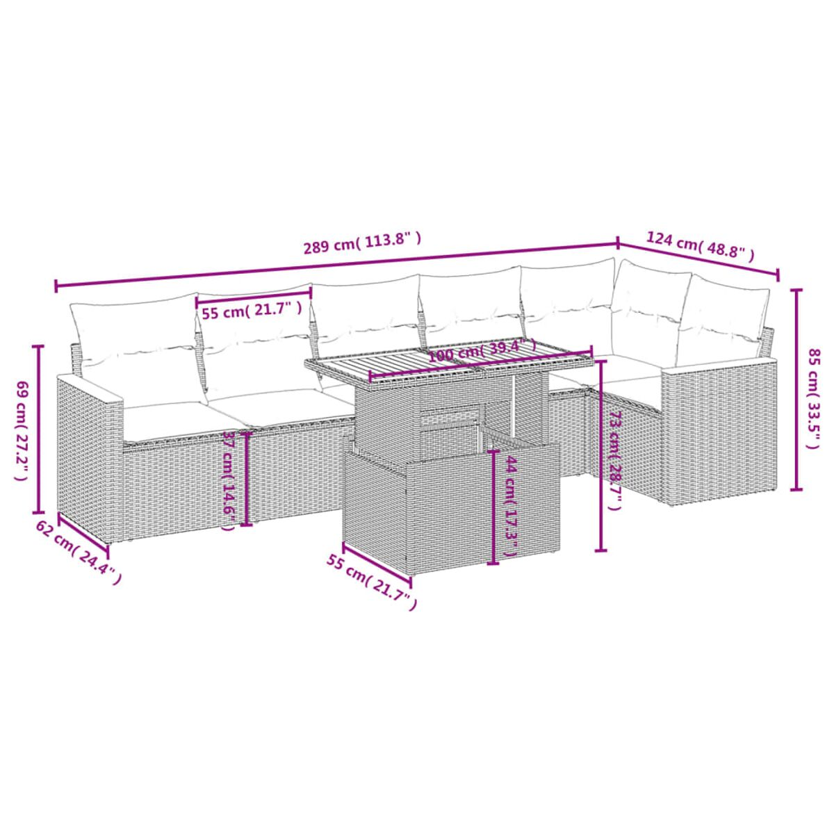 Gartensofa-Set mit in cm und Zoll beschrifteten Abmessungen. Verfügt über einen Tisch und einen Eckbereich.