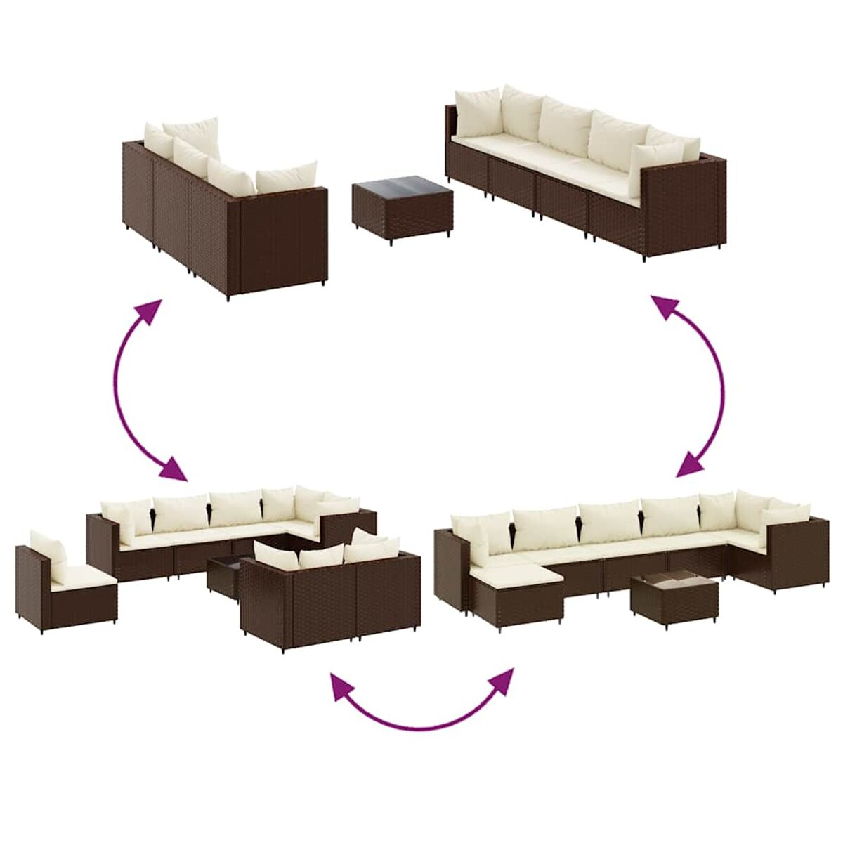 Disposición de sofás seccionales de mimbre en diferentes configuraciones, con mesa de centro.