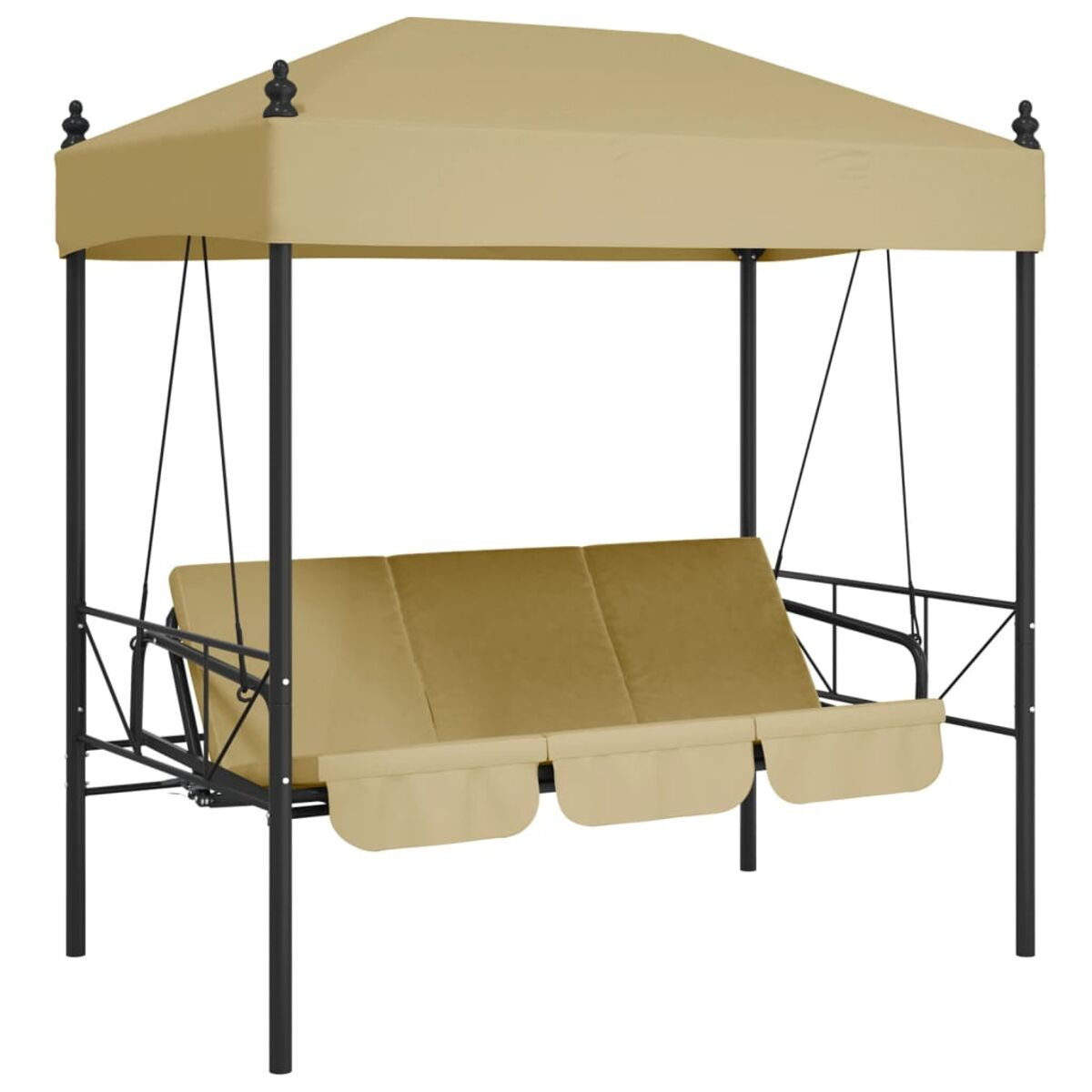 Beige Schaukel mit schwarzem Rahmen, beigen Kissen und beigem Baldachin.