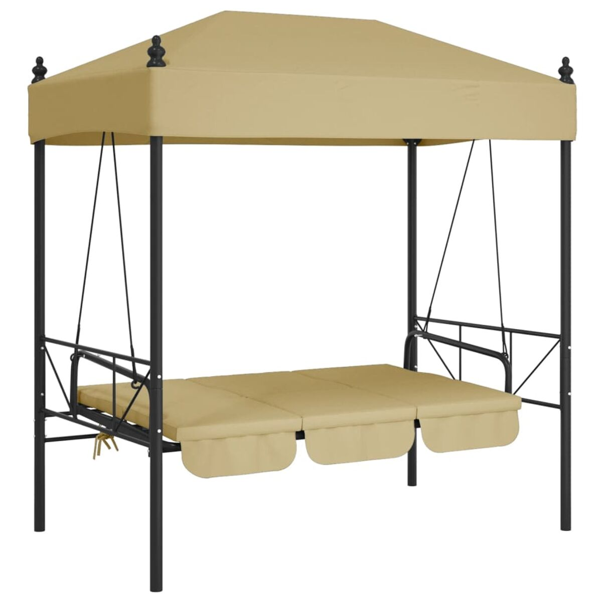 Beige Schaukel mit Baldachin, Kissen, schwarzem Rahmen und beigem Dach, im Freien.